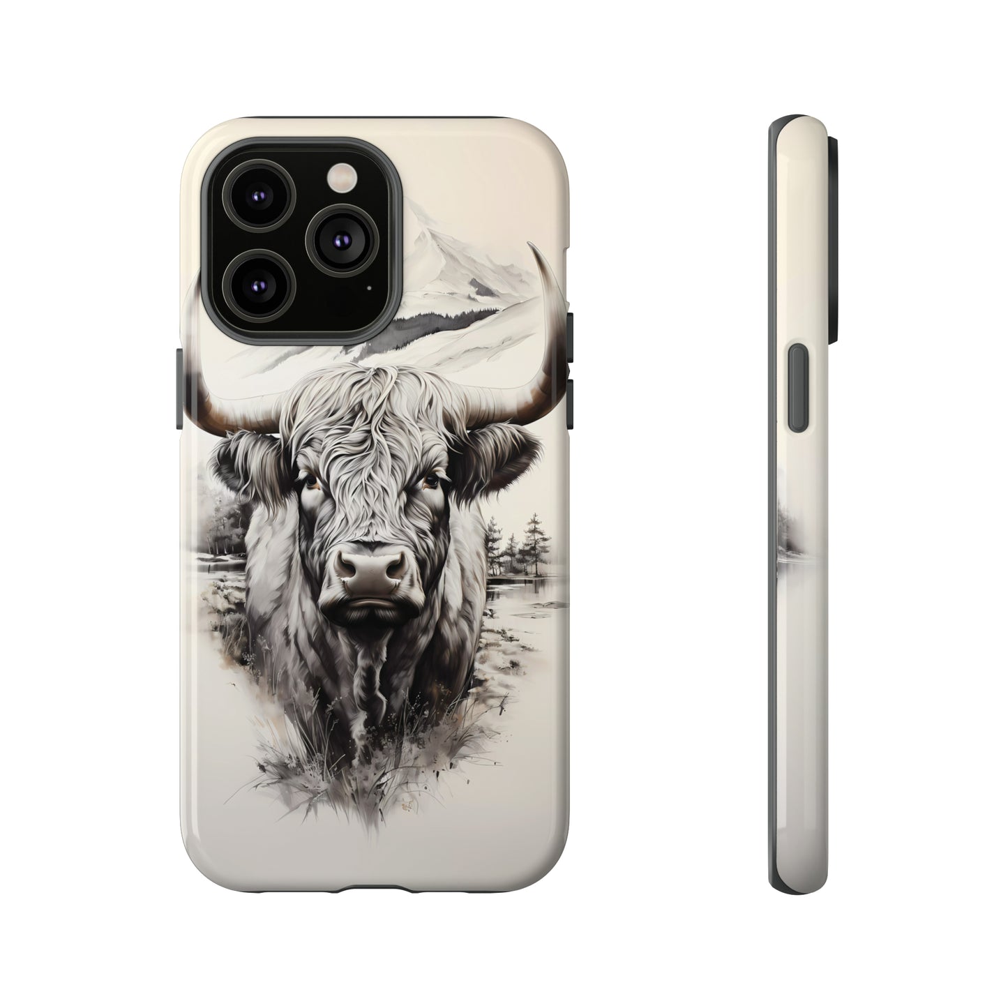 Western iPhone Samsung Phone Cases, Highland Cow In Serene Mountain Scene, Durable Protective Case Like No Other, Built Farmhouse Tough!