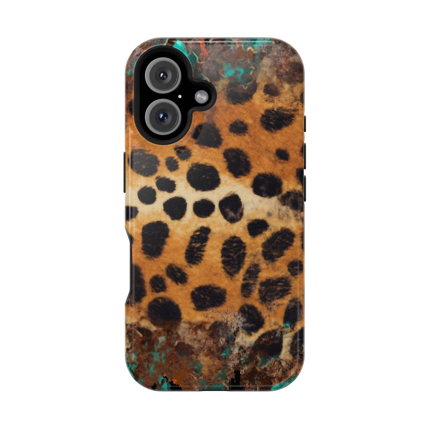 Rustic Leopard Print Tough MagSafe iPhone Case – Distressed Turquoise and Animal Pattern with Dual-Layer Protection