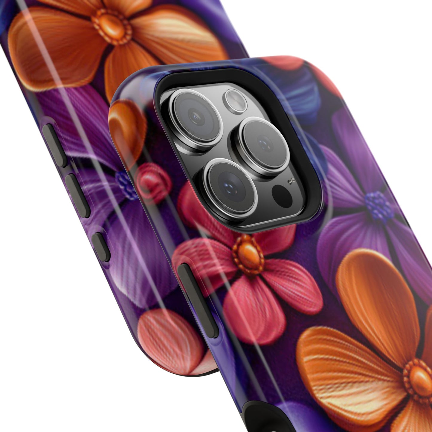 Bold Floral 3D MagSafe iPhone Case – Vivid Purple and Orange Flower Design, Shock-Resistant