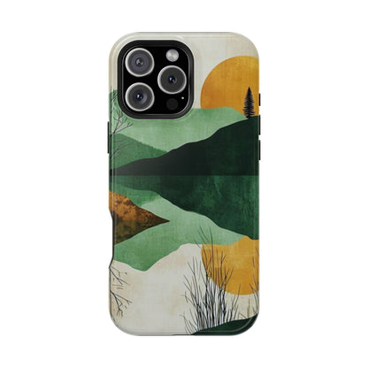 Retro Mountain Sunrise MagSafe iPhone Case – Minimalist Landscape Design, Dual-Layer Protection