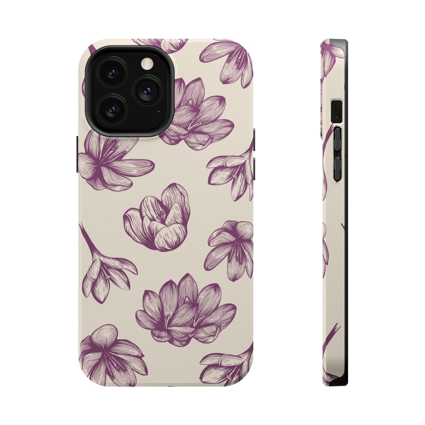 Vintage Botanical Floral Tough MagSafe iPhone Case – Hand-Drawn Purple Flowers, Shockproof Design