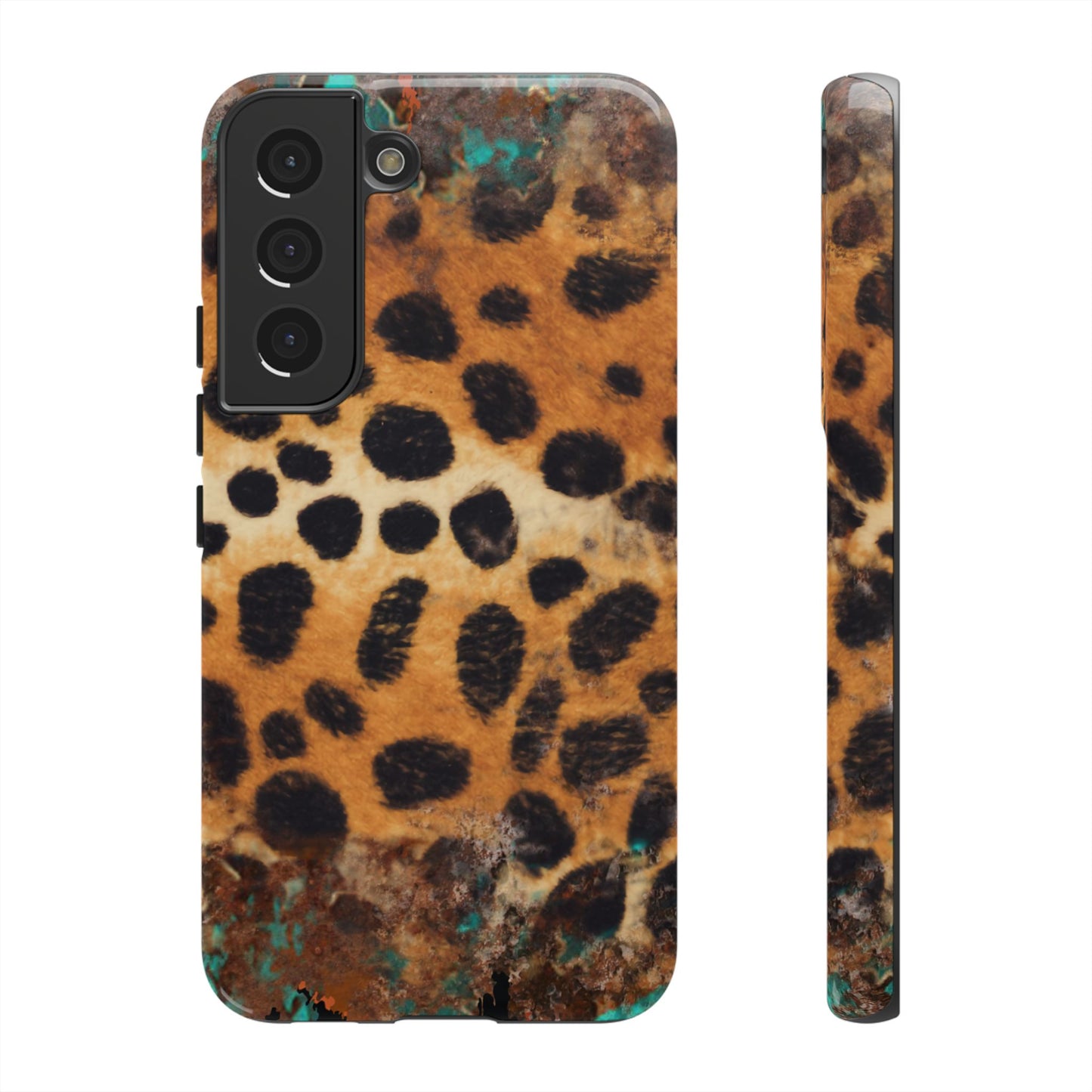 Rustic Leopard Print Tough Samsung Galaxy Case – Distressed Turquoise and Animal Pattern with Dual-Layer Protection