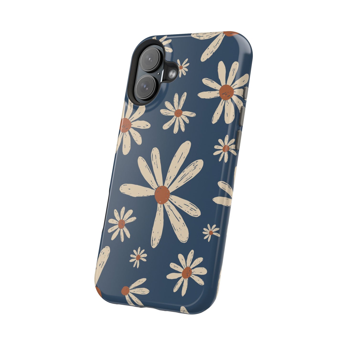 Vintage Daisies MagSafe iPhone Case – Navy Blue Floral Design, Scratch-Resistant with Shock-Absorbing Bumper