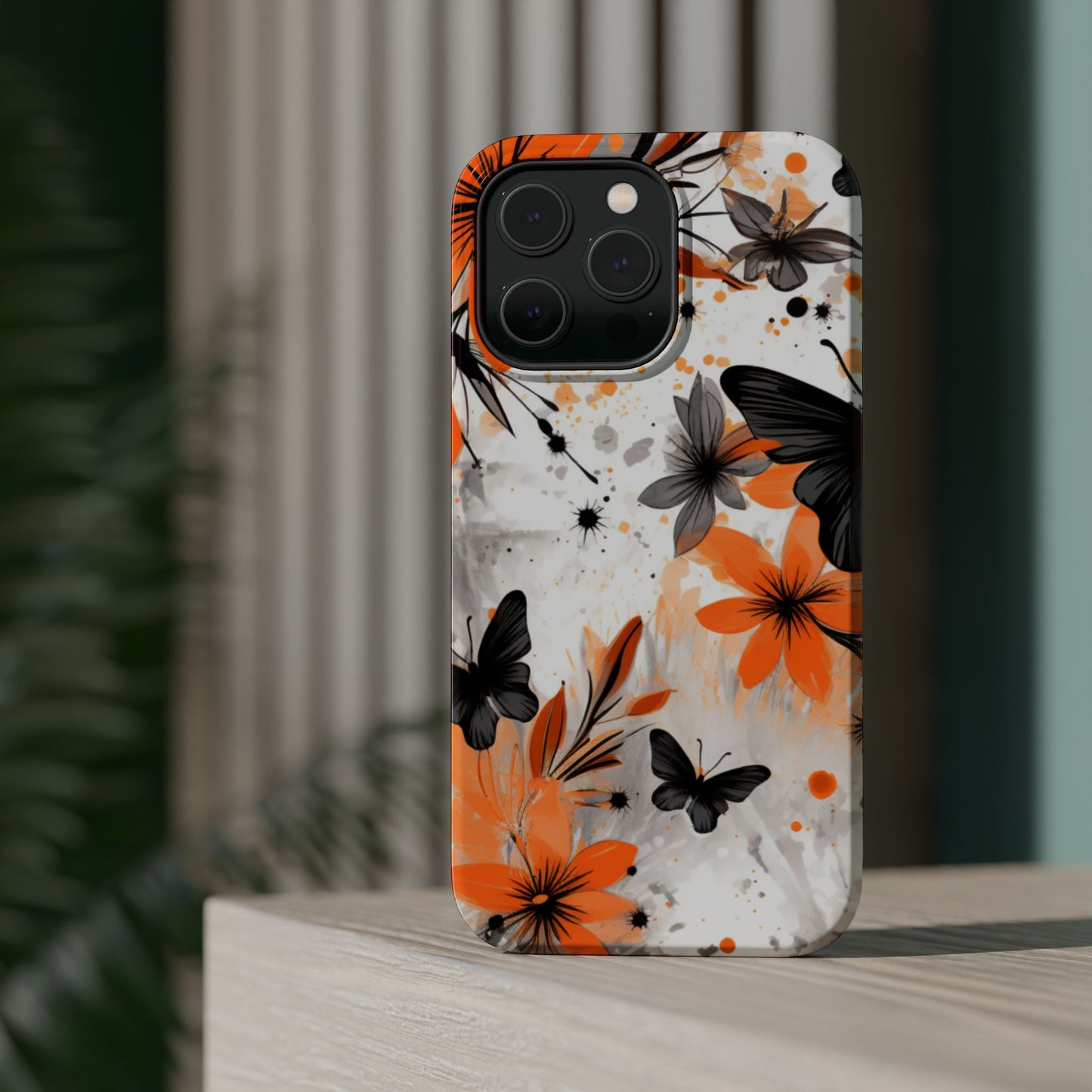 Orange Blossom & Black Butterfly MagSafe iPhone Case – Bold Floral Pattern with Modern Abstract Style