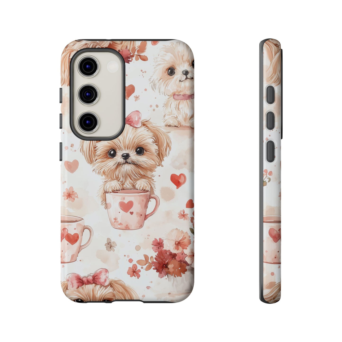 Puppies & Heart Mugs Samsung Galaxy Case – Sweet Dog & Floral Design, Shockproof & Slim