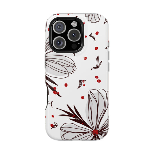 Minimalist Line Art Floral Tough MagSafe iPhone Case – Bold Red and Black Design, Shockproof Protection