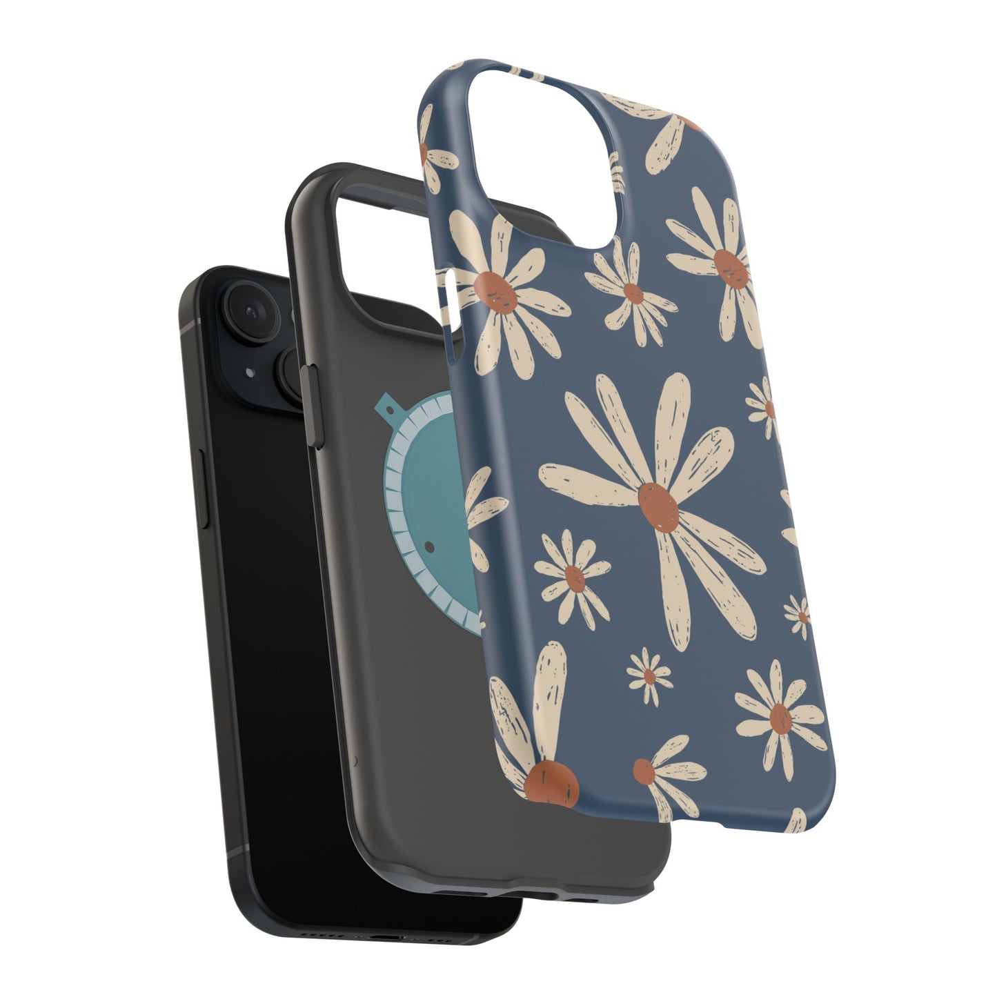 Vintage Daisies MagSafe iPhone Case – Navy Blue Floral Design, Scratch-Resistant with Shock-Absorbing Bumper