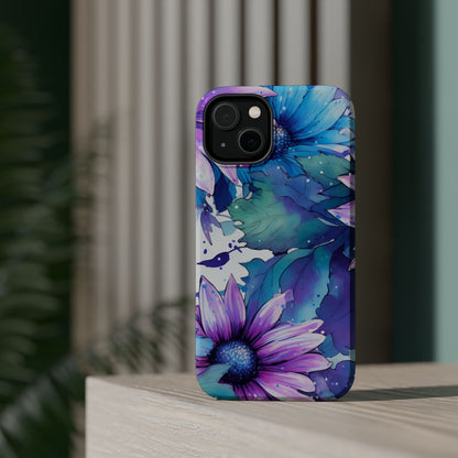 Purple & Teal Watercolor Floral MagSafe iPhone Case - Artistic Flower Design