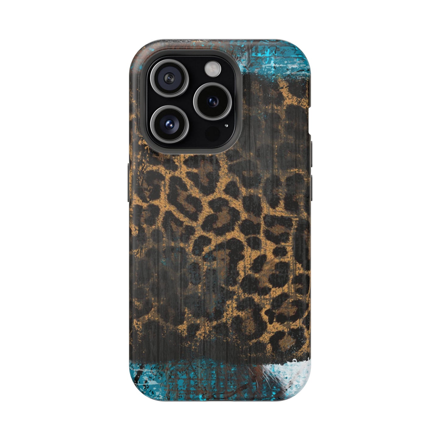 Boho Leopard and Turquoise Tough MagSafe iPhone Case – Rustic Western Design with Dual-Layer Protection