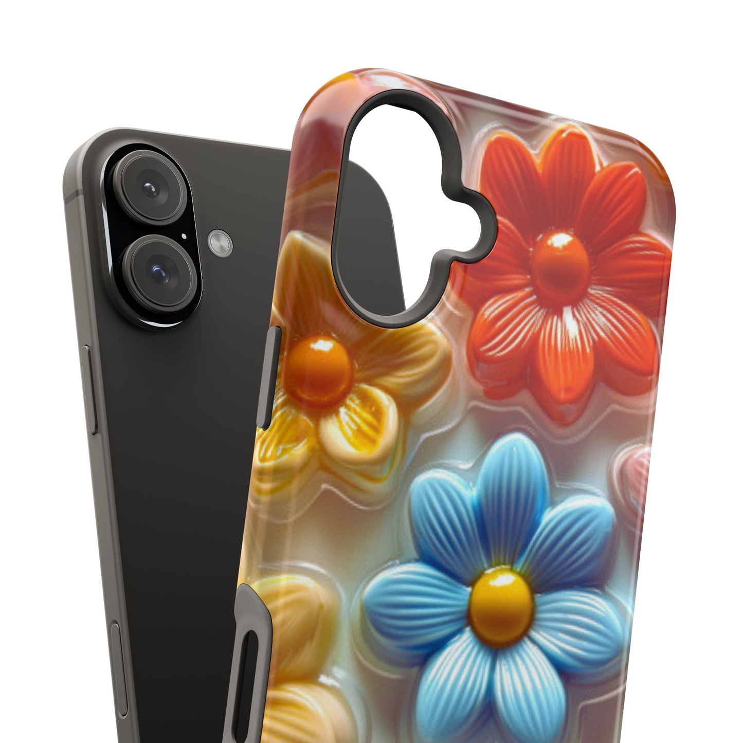 Glossy Retro Flower MagSafe iPhone Case – Colorful 3D Floral Design, Durable Protection