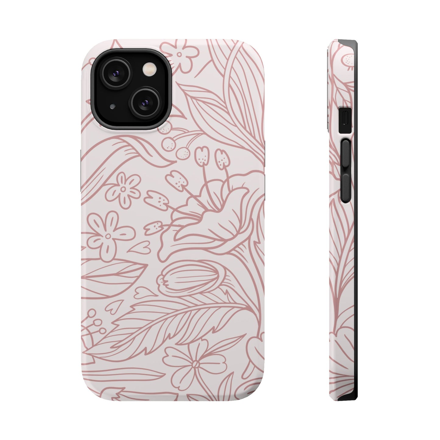 Blush Floral Line Art Tough MagSafe iPhone Case – Delicate Minimalist Design with Dual-Layer Protection