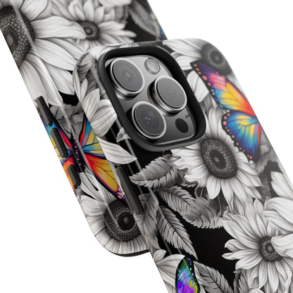 Rainbow Butterflies & Monochrome Sunflowers – iPhone Case