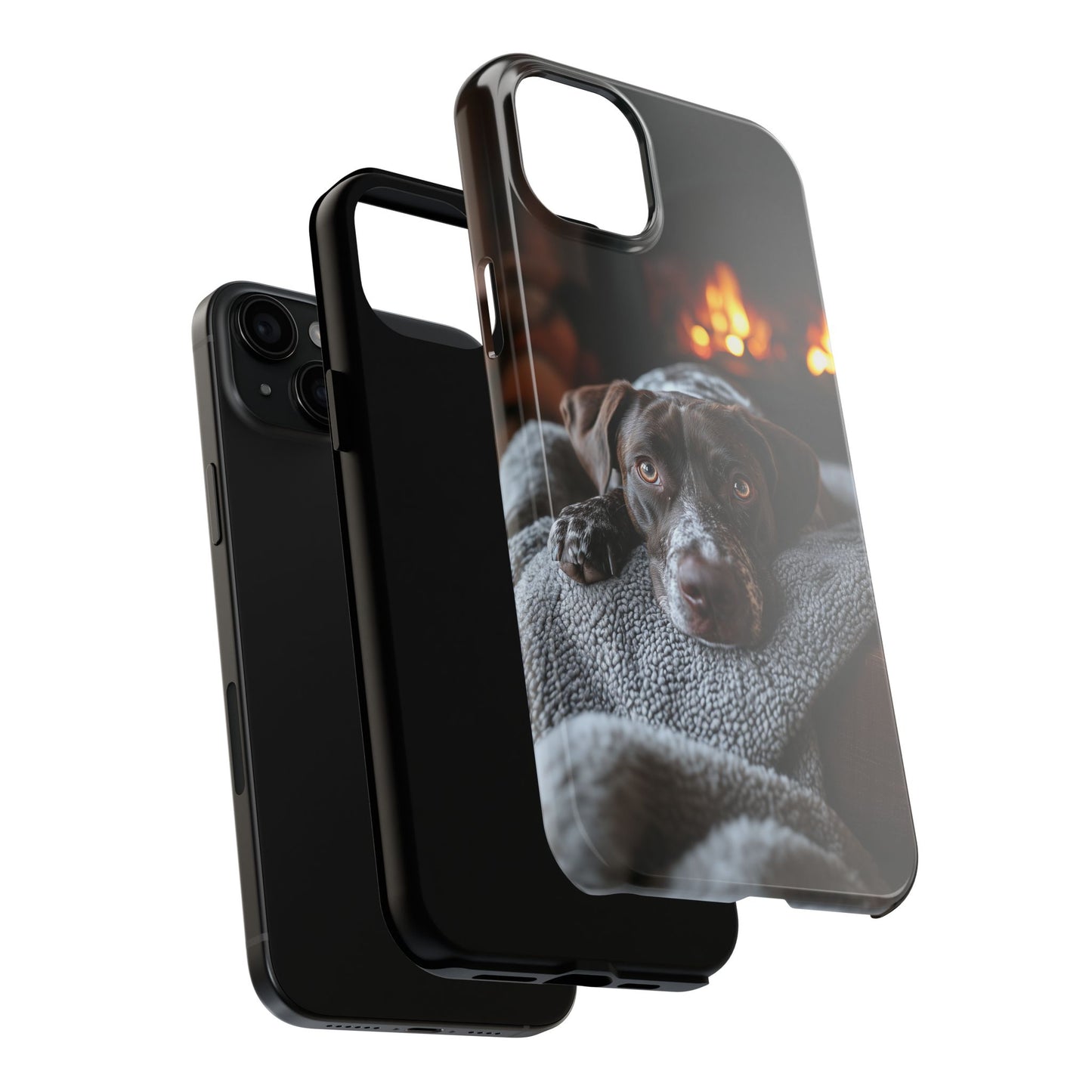 Cozy German Shorthaired Pointer iPhone Case – Rustic Fireplace Protective Cover