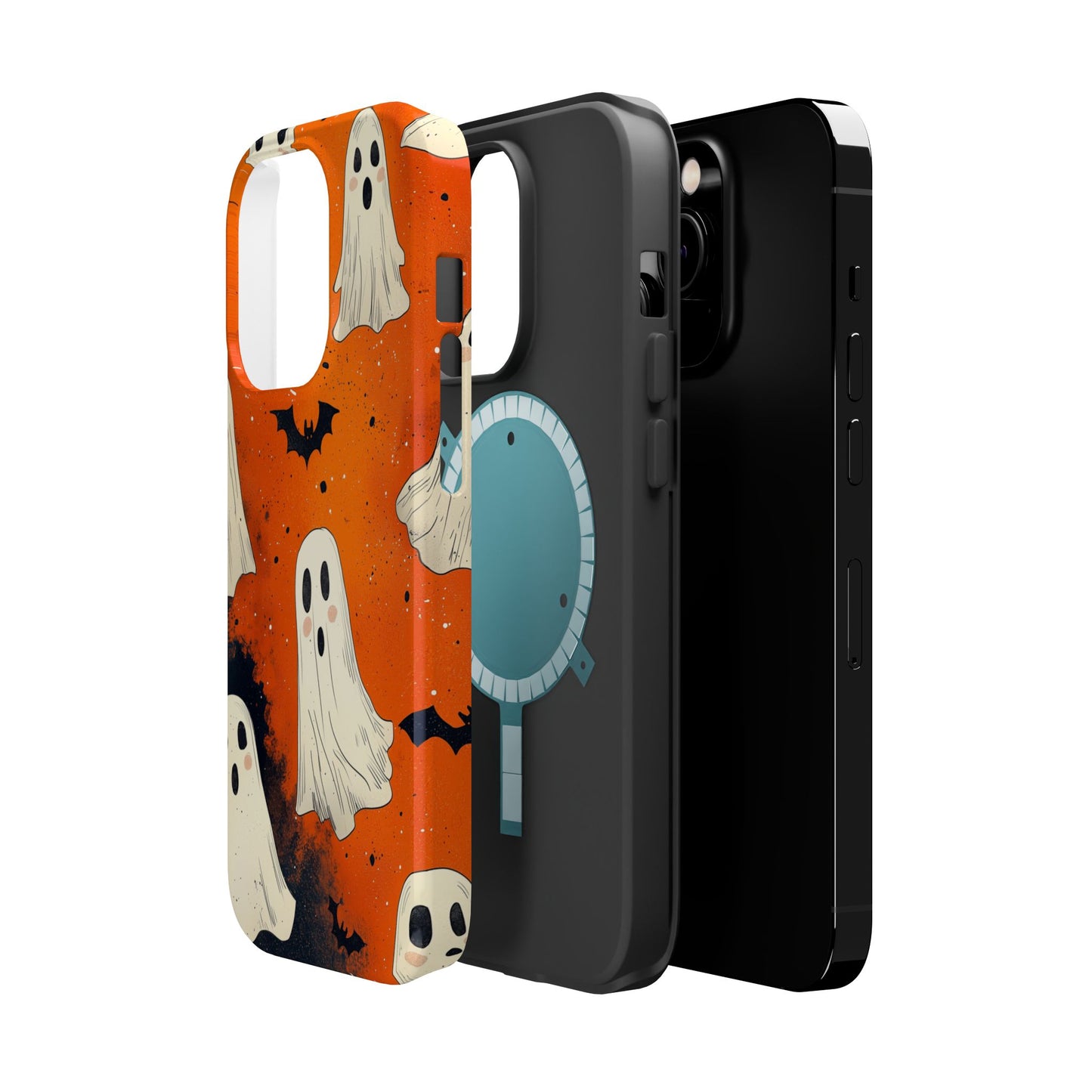 Spooky Ghosts & Bats  MagSafe iPhone Case – Vibrant Orange Halloween Design