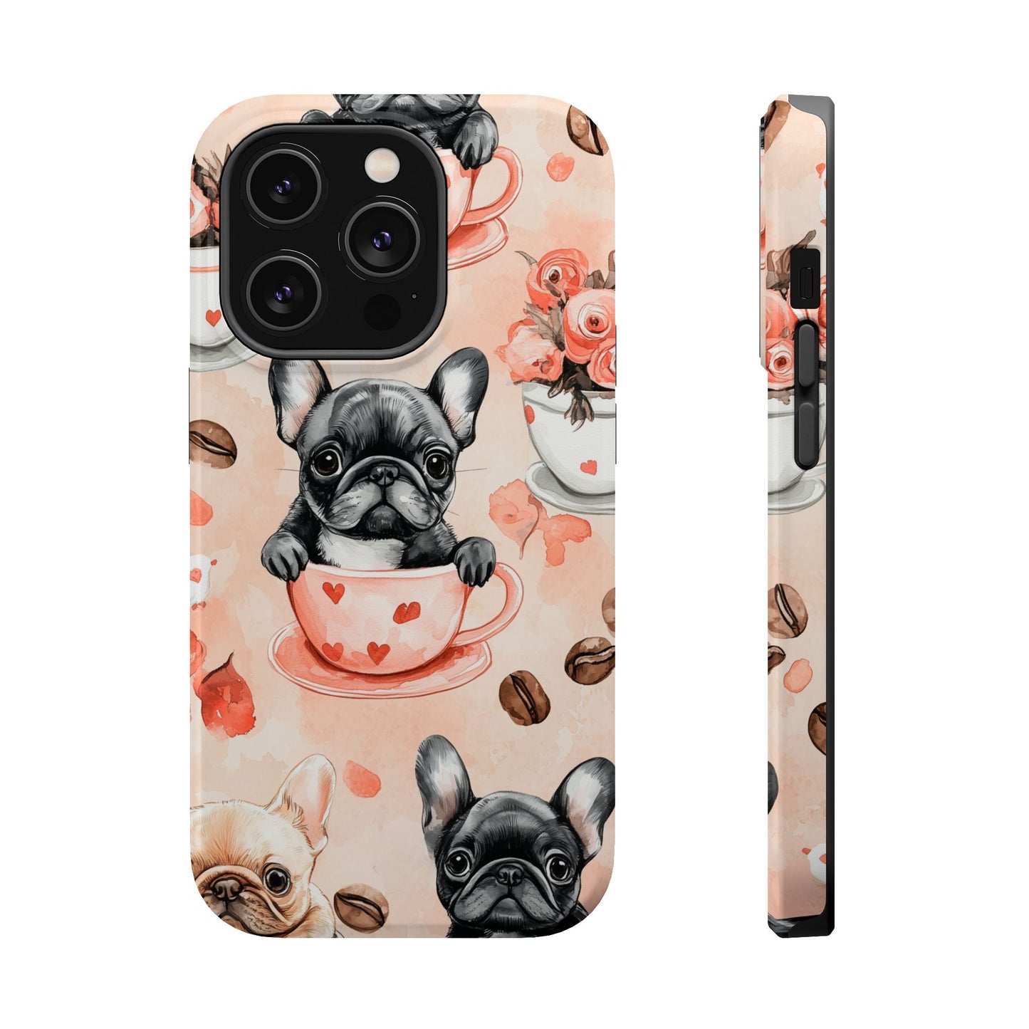 French Bulldogs in Heart Teacups MagSafe iPhone Case – Cute Dog & Floral Design, Shockproof Protection