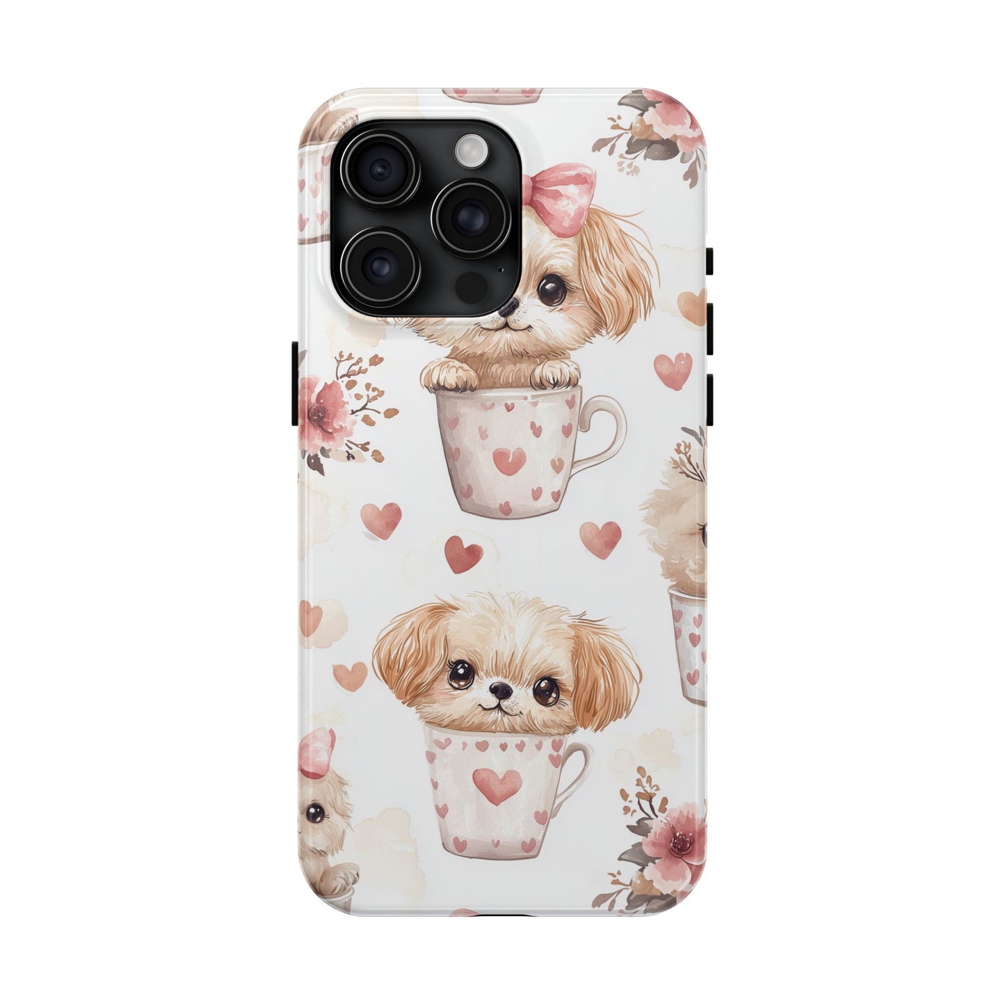 Cute Puppies in Heart Mugs iPhone Case – Adorable Dog & Floral Design, Shockproof & Slim - BOGO Cases