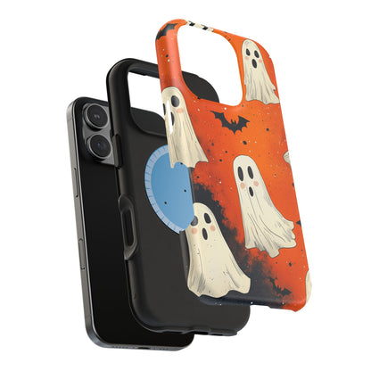 Spooky Ghosts & Bats  MagSafe iPhone Case – Vibrant Orange Halloween Design