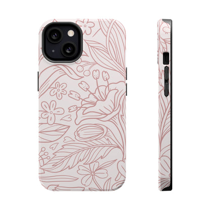 Blush Floral Line Art Tough MagSafe iPhone Case – Delicate Minimalist Design with Dual-Layer Protection