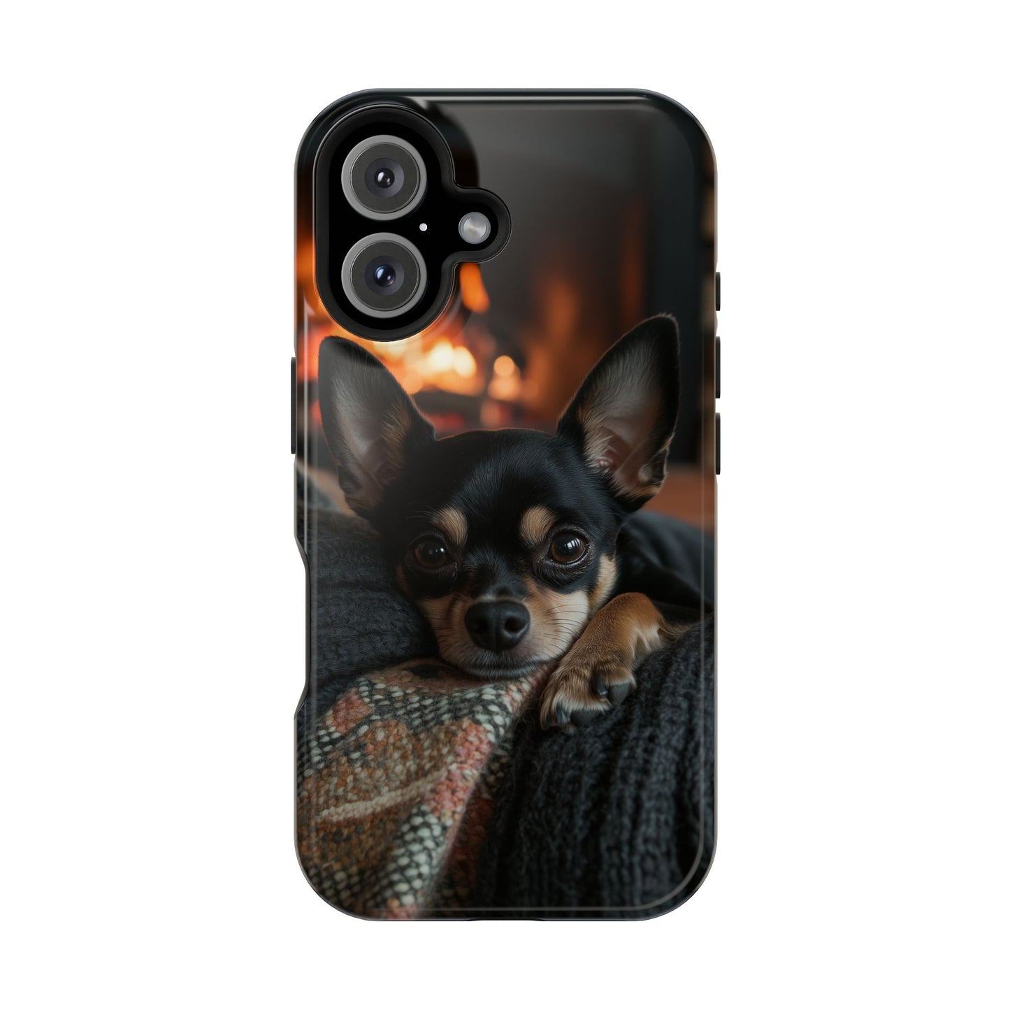 Cozy Chihuahua Fireplace MagSafe iPhone Case – Elegant and Functional Design