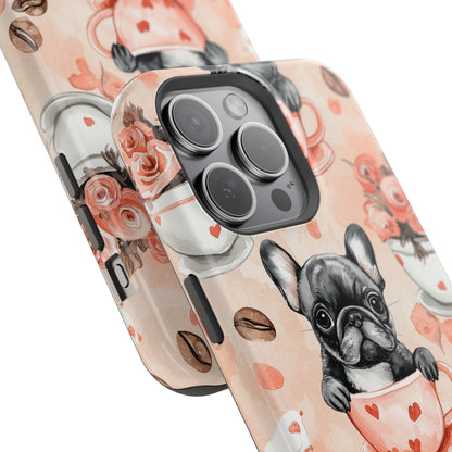 French Bulldogs in Heart Teacups MagSafe iPhone Case – Cute Dog & Floral Design, Shockproof Protection