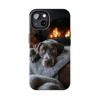 Cozy German Shorthaired Pointer iPhone Case – Rustic Fireplace Protective Cover