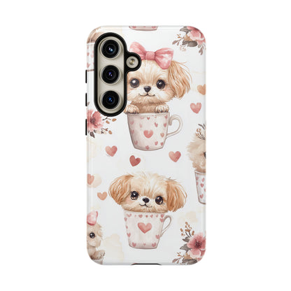 Cute Puppies in Heart Mugs Samsung Galaxy Case – Adorable Dog & Floral Design, Shockproof & Slim - BOGO Cases