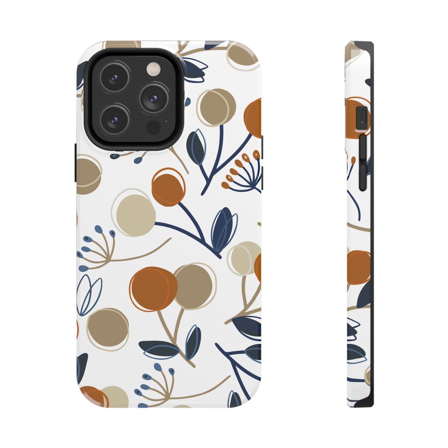 Modern Botanical Berries Tough iPhone Case – Earthy Tones & Navy Accents, Shock-Resistant