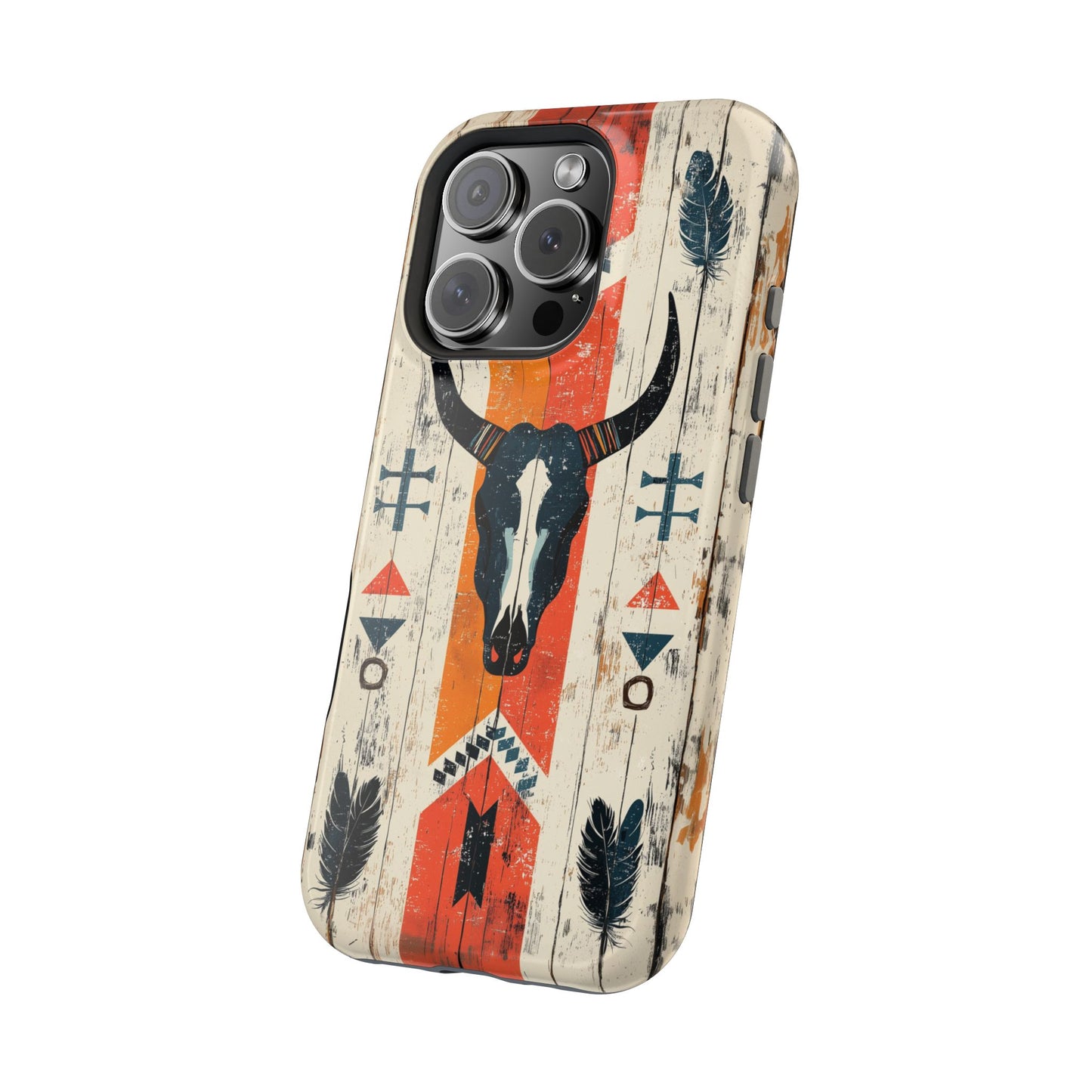 Rustic Western Bull Skull Tough MagSafe iPhone Case – Distressed Wood Design, Dual-Layer Protection