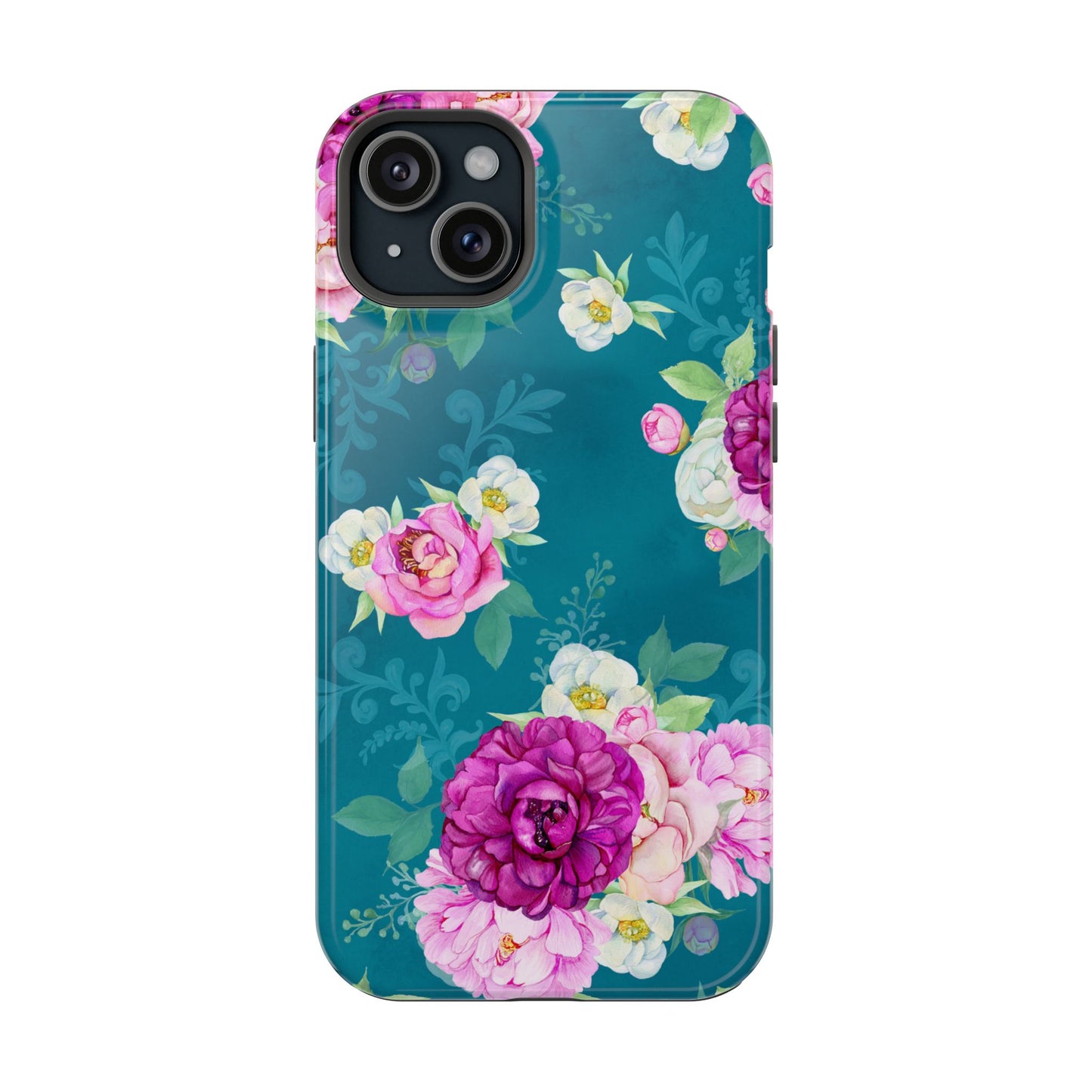 Elegant Peony Bouquet MagSafe iPhone Case – Deep Teal Background with Romantic Floral Design