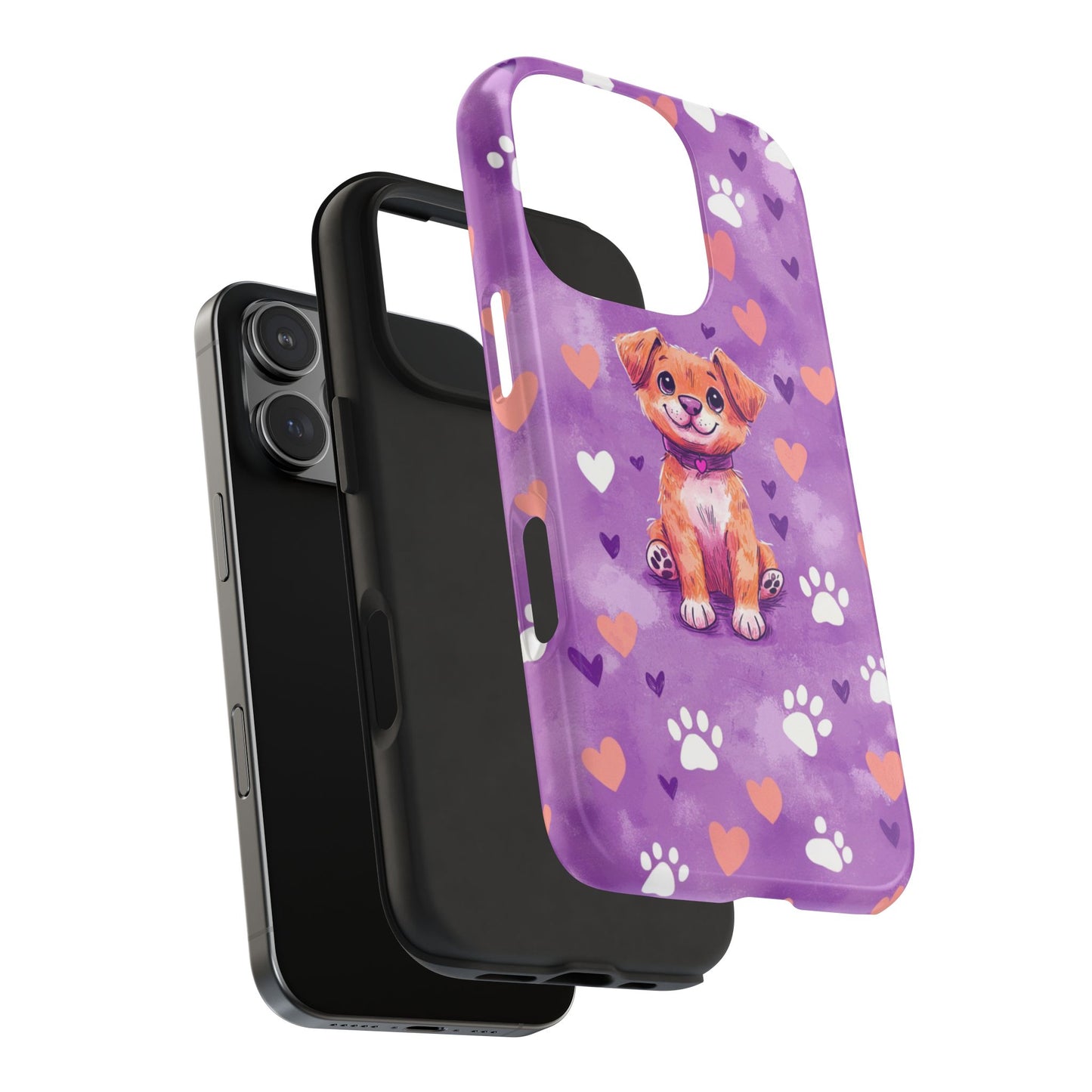 Cute Puppy iPhone Case - Adorable Pet Design with Hearts & Paw Prints, Protective Cover