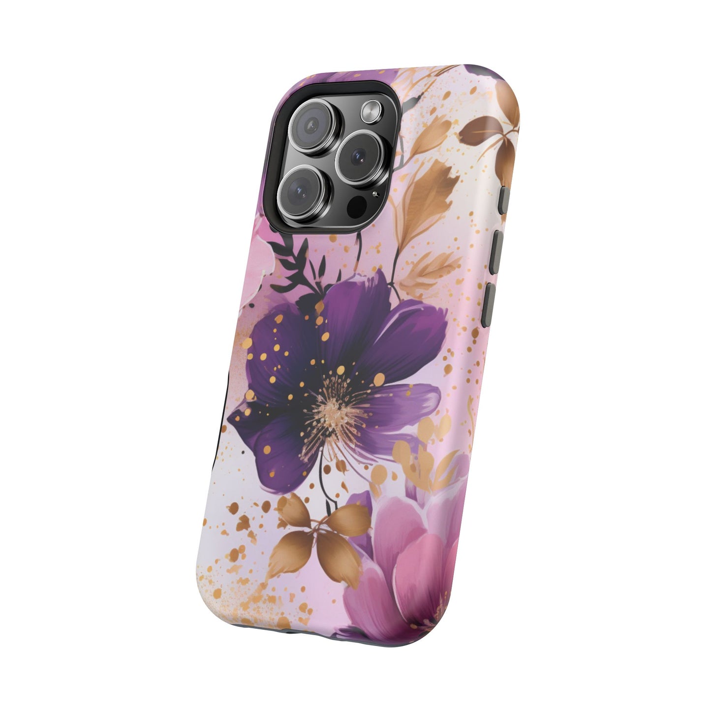 Elegant Purple & Gold Floral MagSafe iPhone Case - Luxe Flower Design