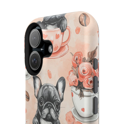 French Bulldogs in Heart Teacups MagSafe iPhone Case – Cute Dog & Floral Design, Shockproof Protection