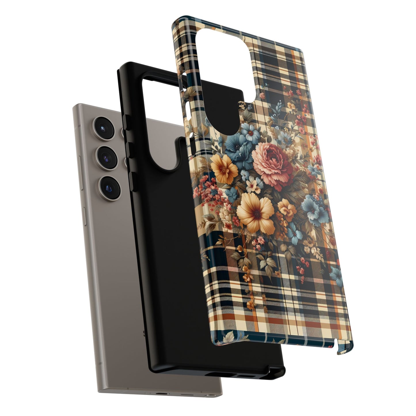 Cute iPhone Samsung Phone Case, Bouquet of Nostalgia, Vintage Styled Checkered Plaid Floral Protective Cover for iPhone, Samsung, & Google. - BOGO Cases