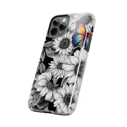 Rainbow Butterflies & Monochrome Sunflowers – iPhone Case