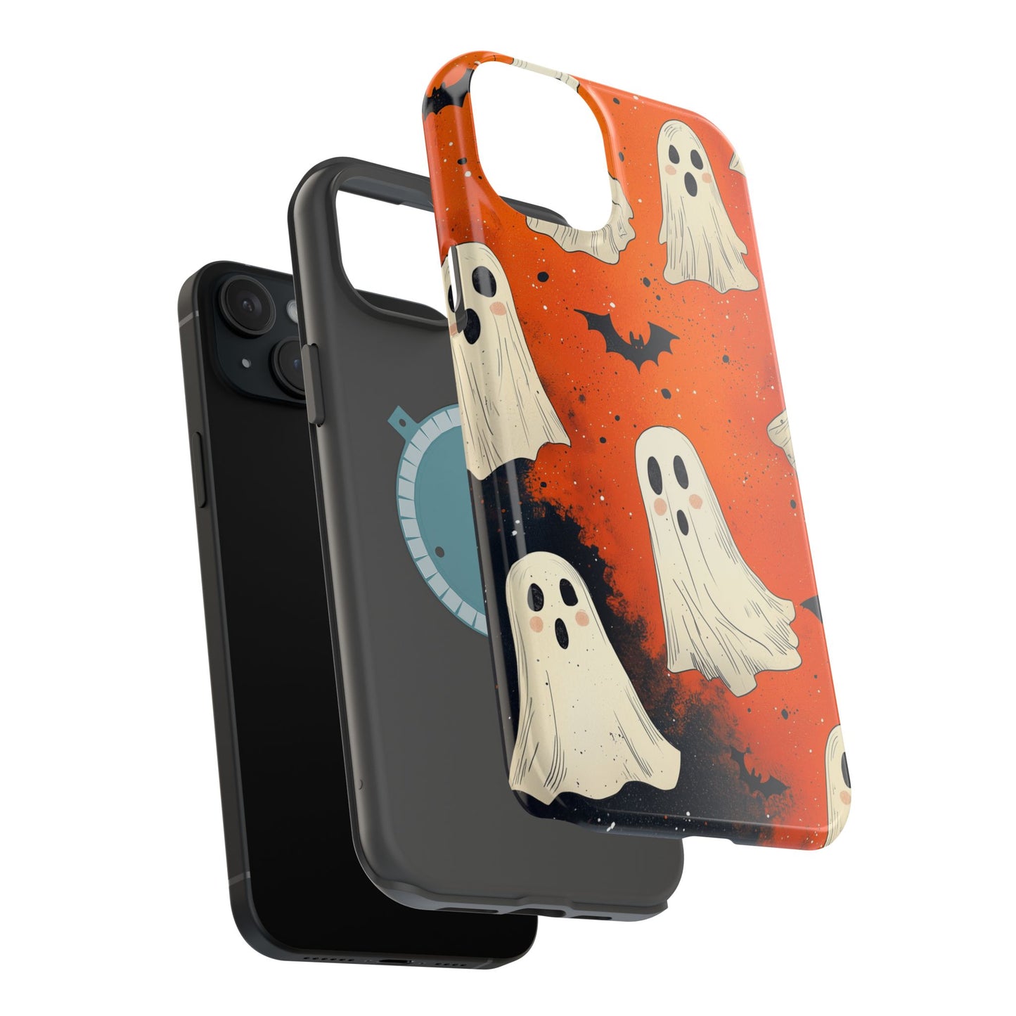 Spooky Ghosts & Bats  MagSafe iPhone Case – Vibrant Orange Halloween Design