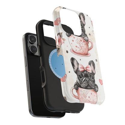 French Bulldogs in Teacups MagSafe iPhone Case – Cute Dog Design with Hearts & Bows, Shockproof & Slim