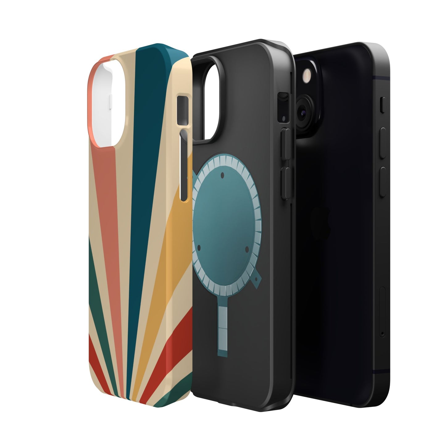 Retro Sunbeam MagSafe iPhone Case – 70s-Inspired Radiating Stripes in Coral, Teal, and Mustard