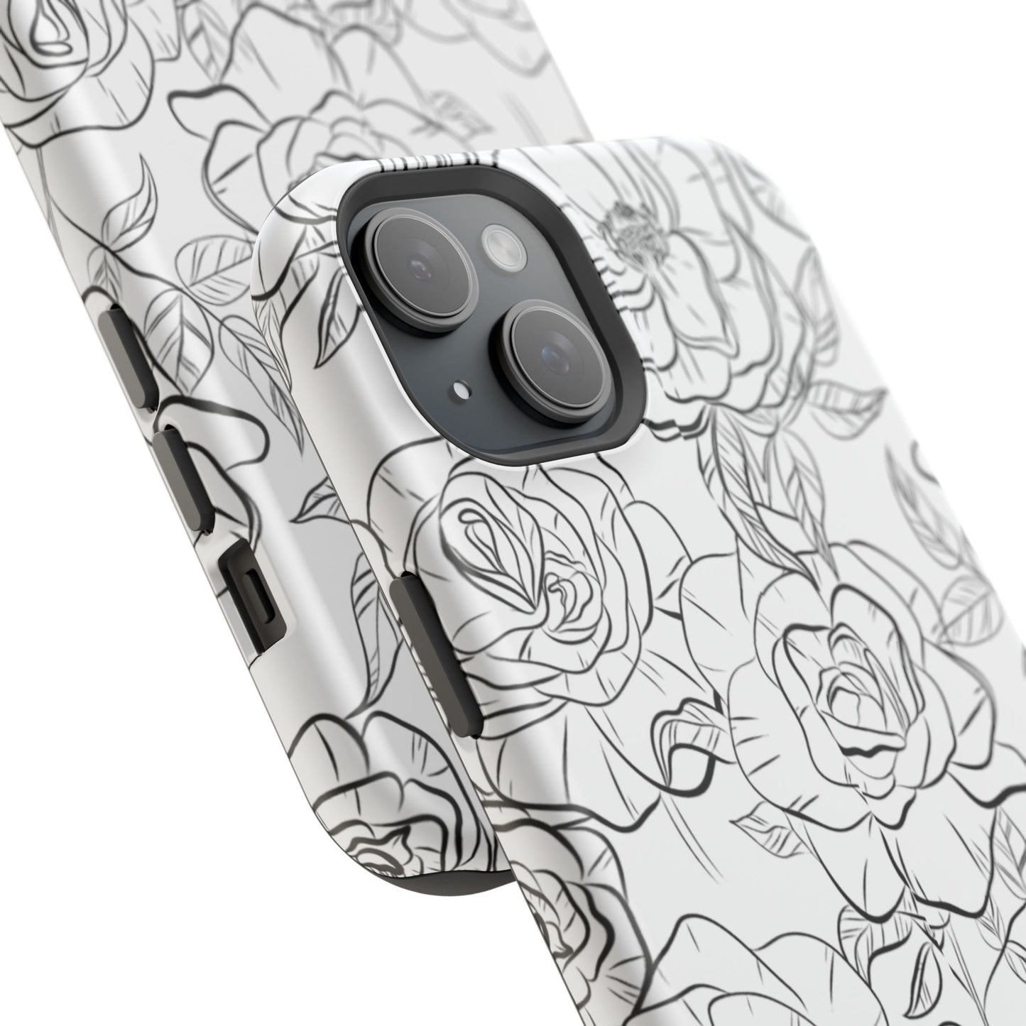 Monochrome Rose Garden Tough MagSafe iPhone Case – Elegant Floral Line Art with Dual-Layer Protection