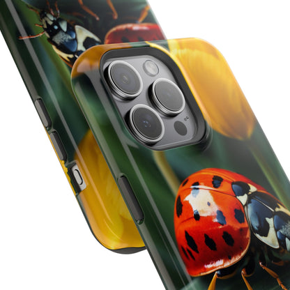 MagSafe iPhone Case: Vibrant Ladybug Amidst a Lush Yellow Flower Garden