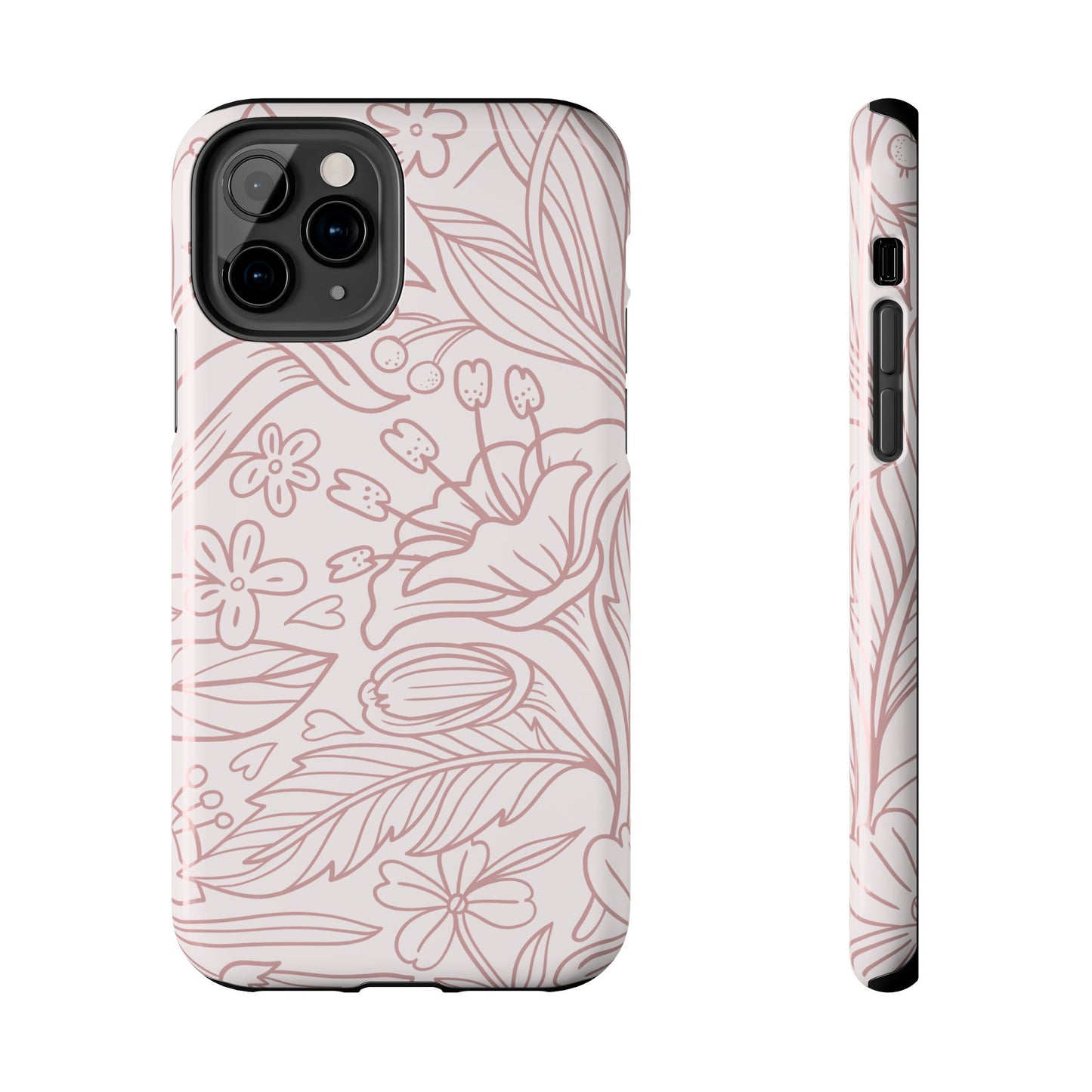 Blush Floral Line Art Tough iPhone Case – Delicate Minimalist Design with Dual-Layer Protection