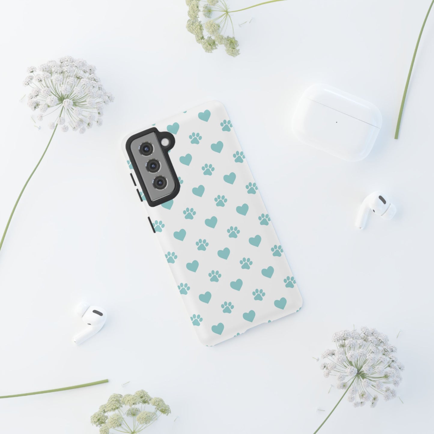 Mint Green Paw Print & Heart Samsung Galaxy Case – Cute Pet Lover’s Design