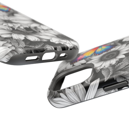 Rainbow Butterflies & Monochrome Sunflowers – MagSafe iPhone Case