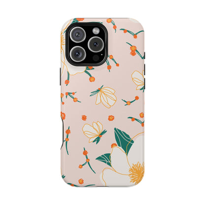 Elegant Magnolia Blossom Tough MagSafe iPhone Case – Soft Blush Background, Shock-Resistant Design