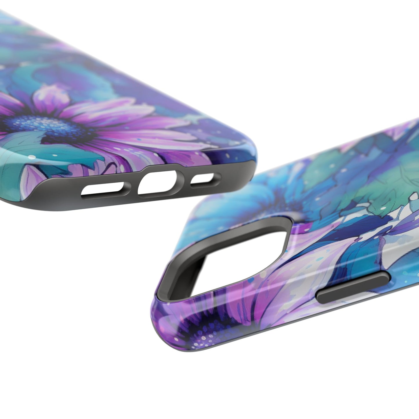 Purple & Teal Watercolor Floral MagSafe iPhone Case - Artistic Flower Design