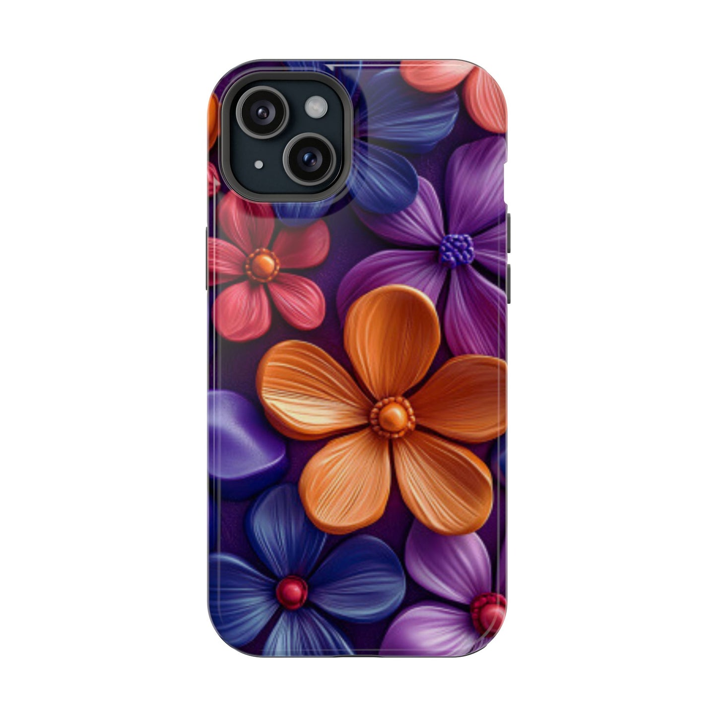 Bold Floral 3D MagSafe iPhone Case – Vivid Purple and Orange Flower Design, Shock-Resistant