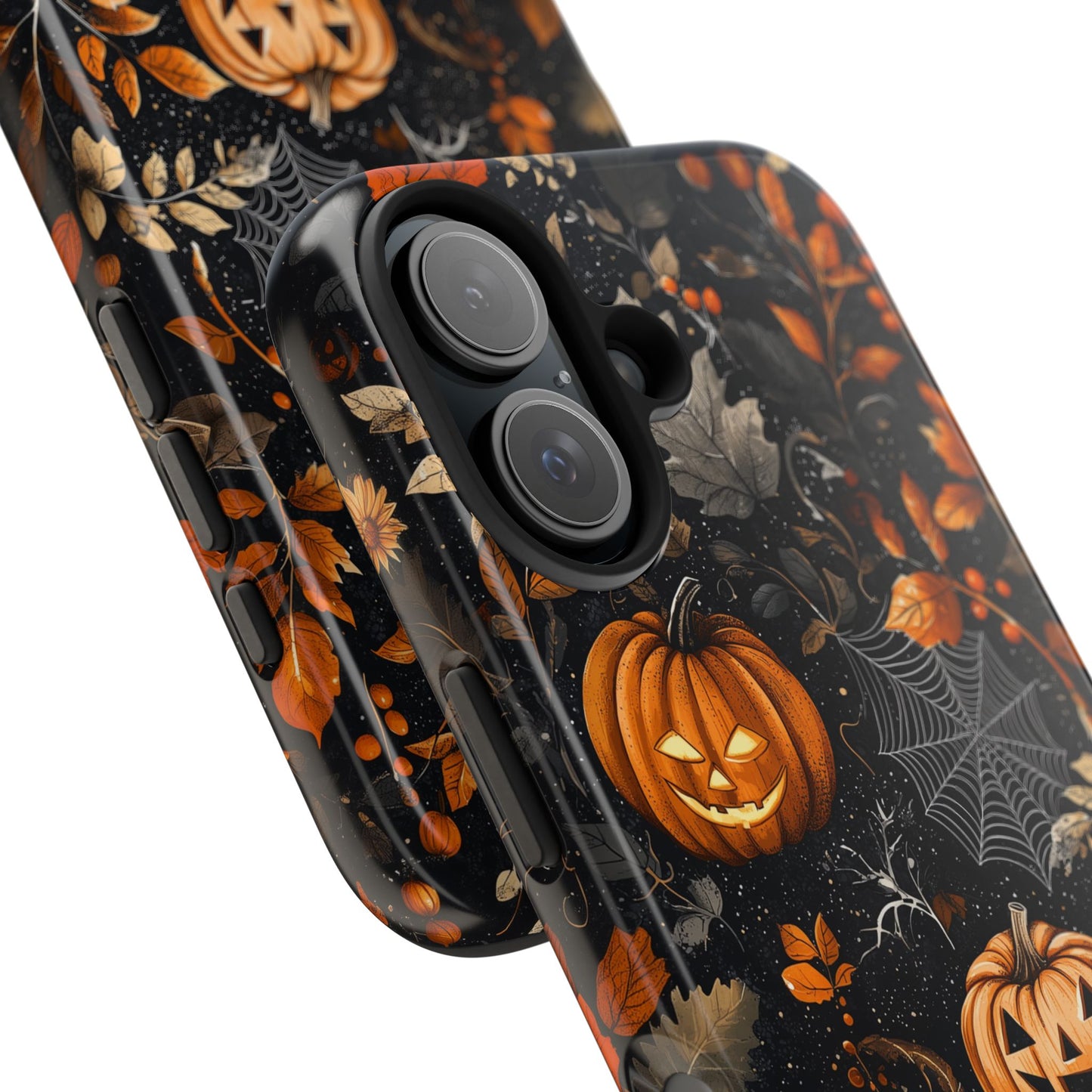 Elegant Halloween iPhone Case – Pumpkin Jack-o'-Lanterns, Cobwebs & Autumn Foliage Design