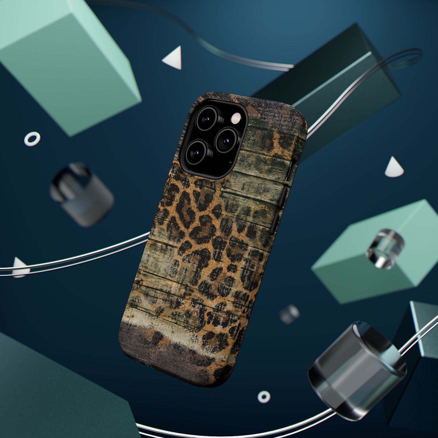 Rustic Wood and Leopard Print Tough MagSafe iPhone Case – Distressed Western Design with Dual-Layer Protection