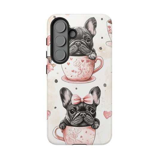 French Bulldogs in Teacups Samsung Galaxy Case – Cute Dog Design with Hearts & Bows, Shockproof & Slim