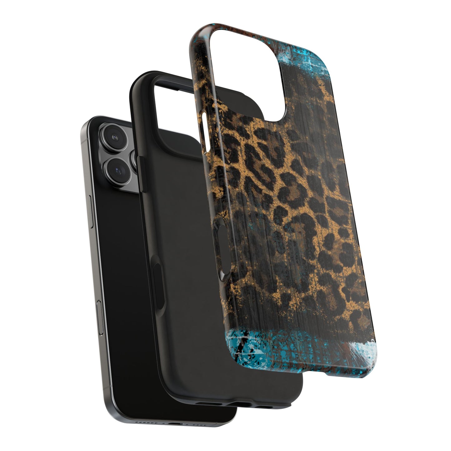 Boho Leopard and Turquoise Tough iPhone Case – Rustic Western Design with Dual-Layer Protection