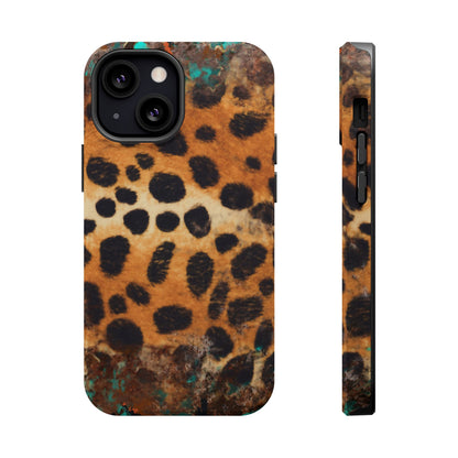 Rustic Leopard Print Tough MagSafe iPhone Case – Distressed Turquoise and Animal Pattern with Dual-Layer Protection